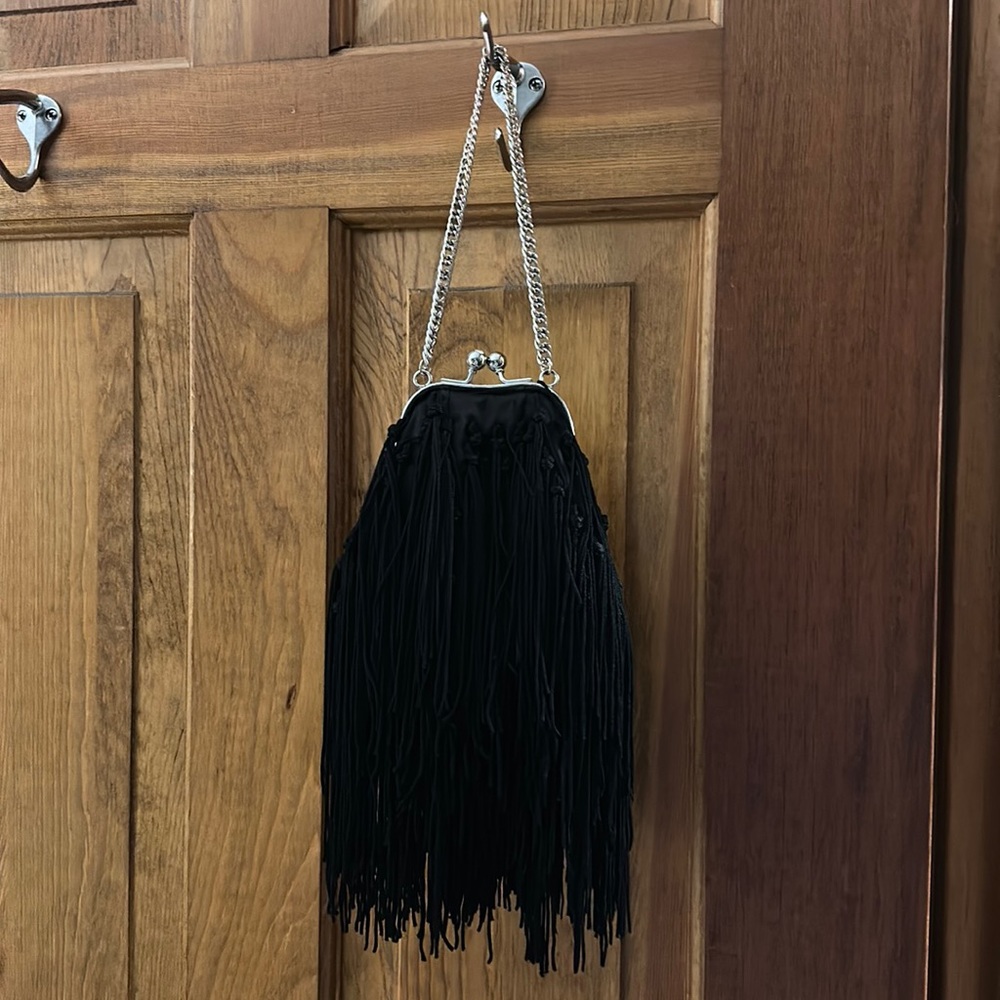 Bebe black fringe evening bag